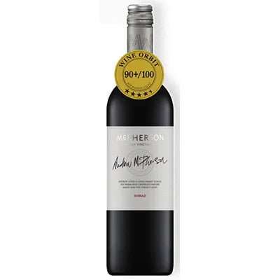 McPherson Shiraz red wine bottle with silver cap and 90+/100 gold rating badge