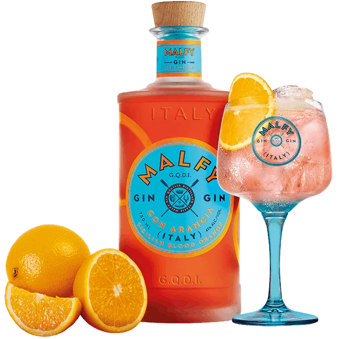 Blood orange gin bottle with glass cocktail and fresh oranges