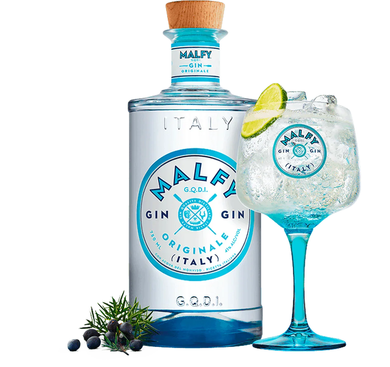 Malfy Originale gin bottle with branded cocktail glass, juniper berries, and lime garnish