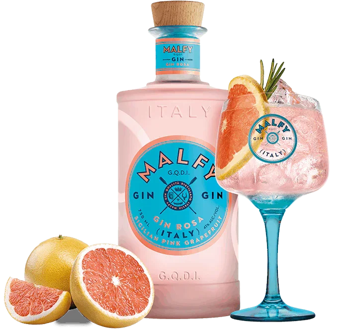 Pink gin bottle with blue label, grapefruit slices, and a cocktail glass with garnish