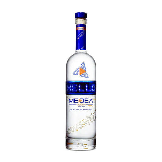 Medea Vodka bottle with blue LED display, clear liquor, electronic circuit label design