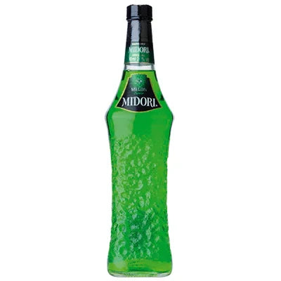 Midori Melon Liqueur in a textured green glass bottle with black cap