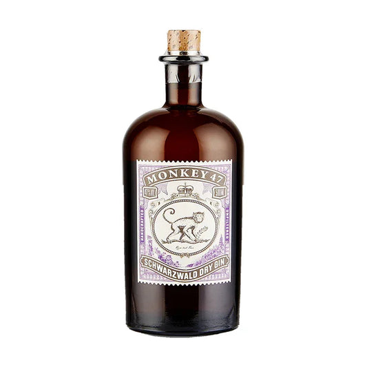 Brown glass bottle of Monkey 47 Schwarzwald Dry Gin with cork and detailed label