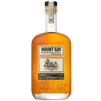 Mount Gay Black Barrel Barbados rum bottle with gold and black label in front view