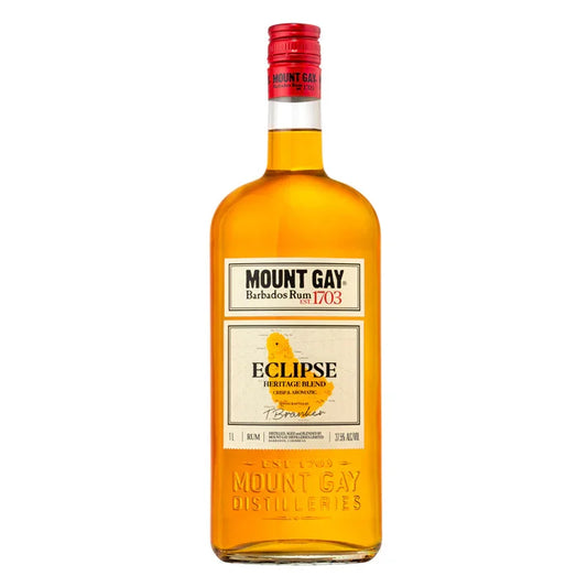 Mount Gay Eclipse Gold Rum bottle with red cap and heritage blend label, 1L spirit