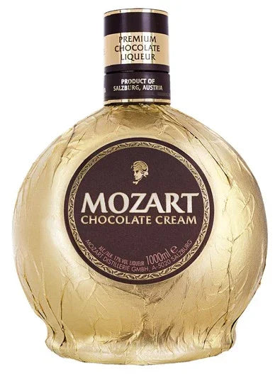 Mozart Chocolate Cream Liqueur bottle with gold wrapping and brown label