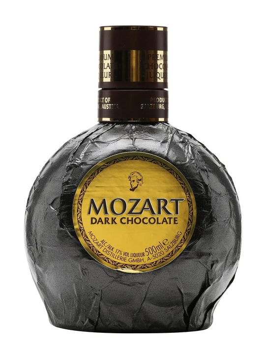 Mozart dark chocolate liqueur bottle with gold and black foil wrapping, 500ml