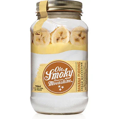 Ole Smoky Banana Pudding Moonshine jar with banana slice graphic and gold lid, 750ml bottle.