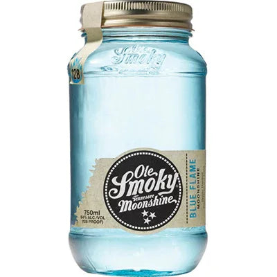 Ole Smoky Blue Flame Moonshine jar with blue liquid, clear label, and metal lid, 750ml spirits