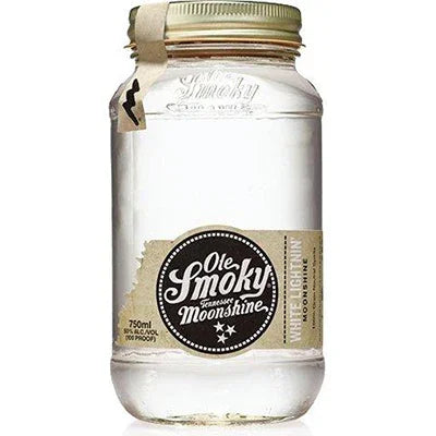 Clear Ole Smoky Tennessee Moonshine in a glass mason jar with gold lid, 750ml label visible.
