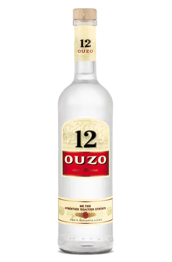Ouzo 12 clear glass bottle with cork top, Greek anise-flavored spirit, front label visible