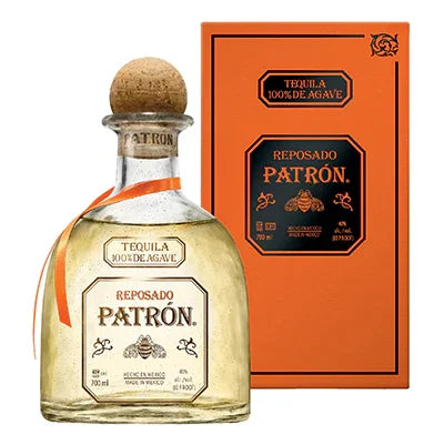 Patron Reposado tequila bottle with cork and orange box, 100% agave, 700ml