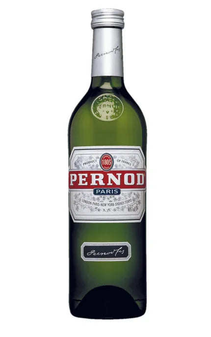 Pernod Paris green glass bottle, clear label with red and blue accents, silver cap, spirits category