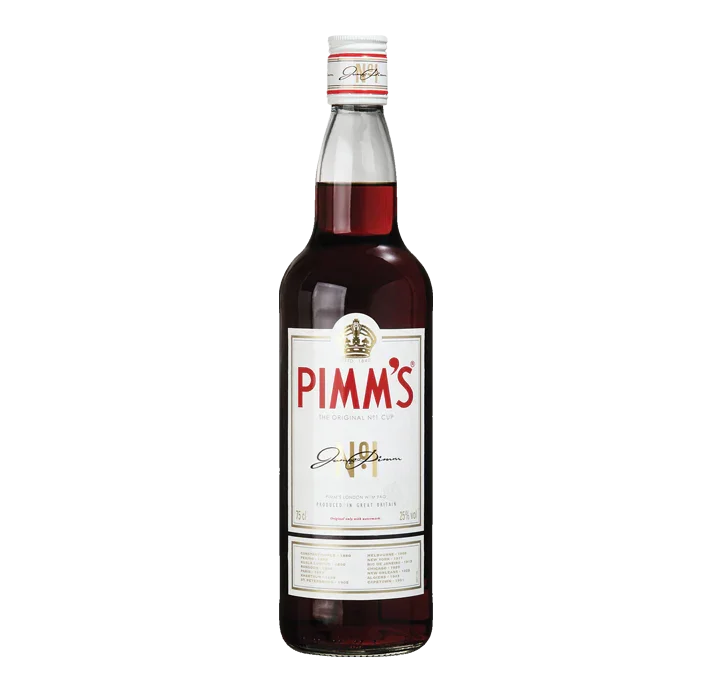 Pimm's No. 1 bottle with red herbal liqueur and white label on white background