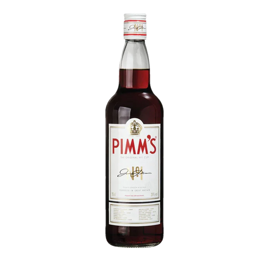 Pimm's No. 1 bottle with red herbal liqueur and white label on white background