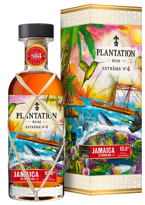 Plantation Rum bottle and box with colorful tropical design, Jamaica 25 years old, 62.6% ABV