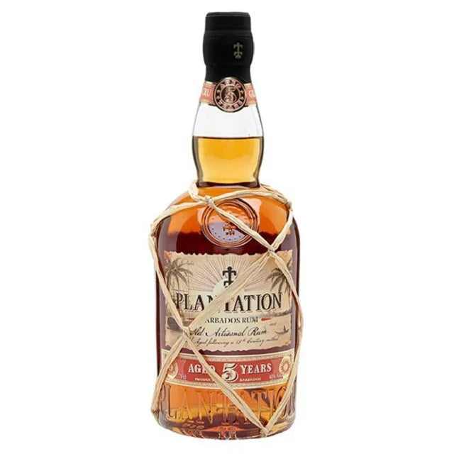 Plantation Barbados Rum 5 Years bottle with decorative wrapping and label