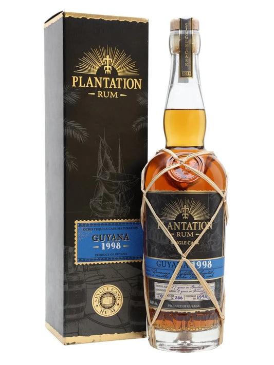 Plantation Guyana 1998 rum bottle with decorative rope and box, premium aged spirit