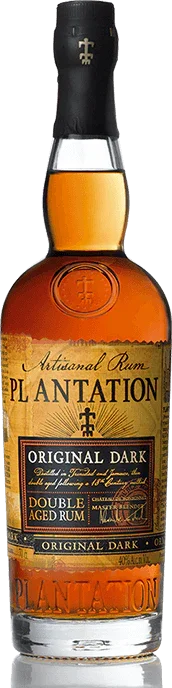 Bottle of Plantation Original Dark rum with black cap and gold label, double aged spirit