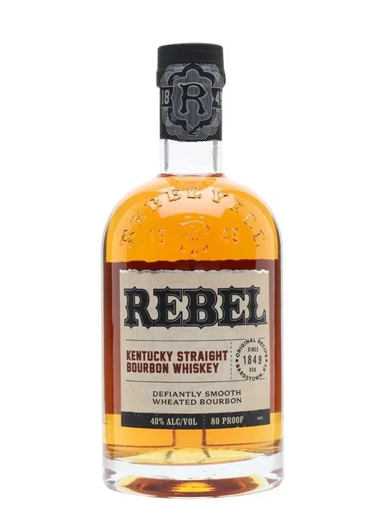 Rebel Kentucky Straight Bourbon Whiskey bottle with cream label and black cap, 40% ABV