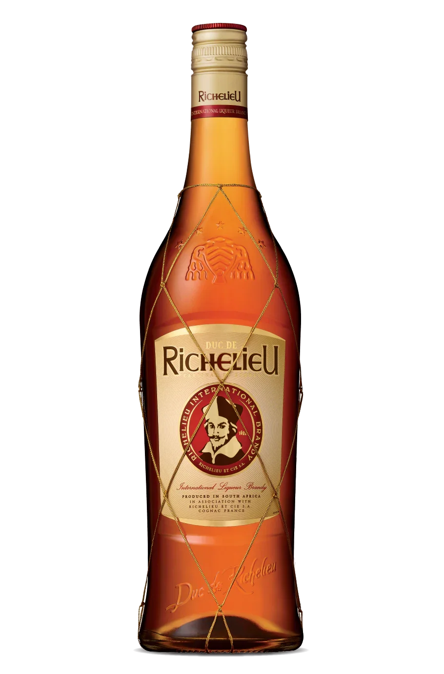 Richelieu brandy bottle with gold label and red cap, premium liquor product