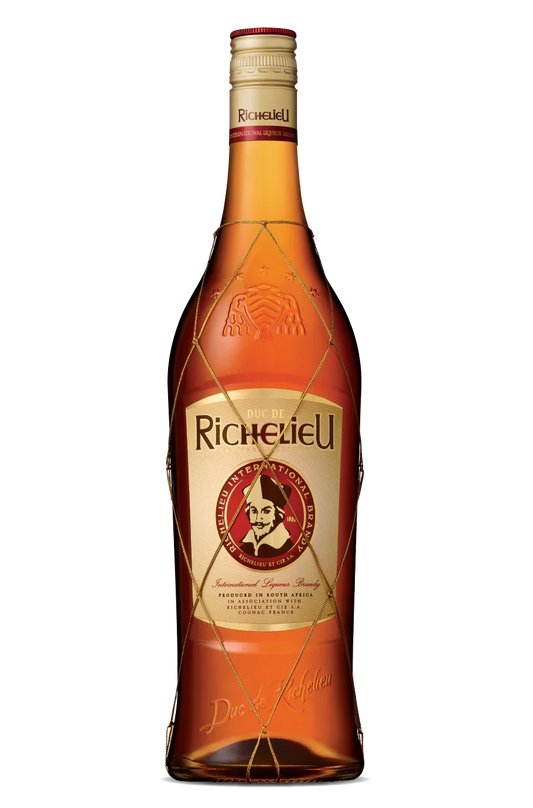 Richelieu brandy bottle with gold label and red cap, premium liquor product