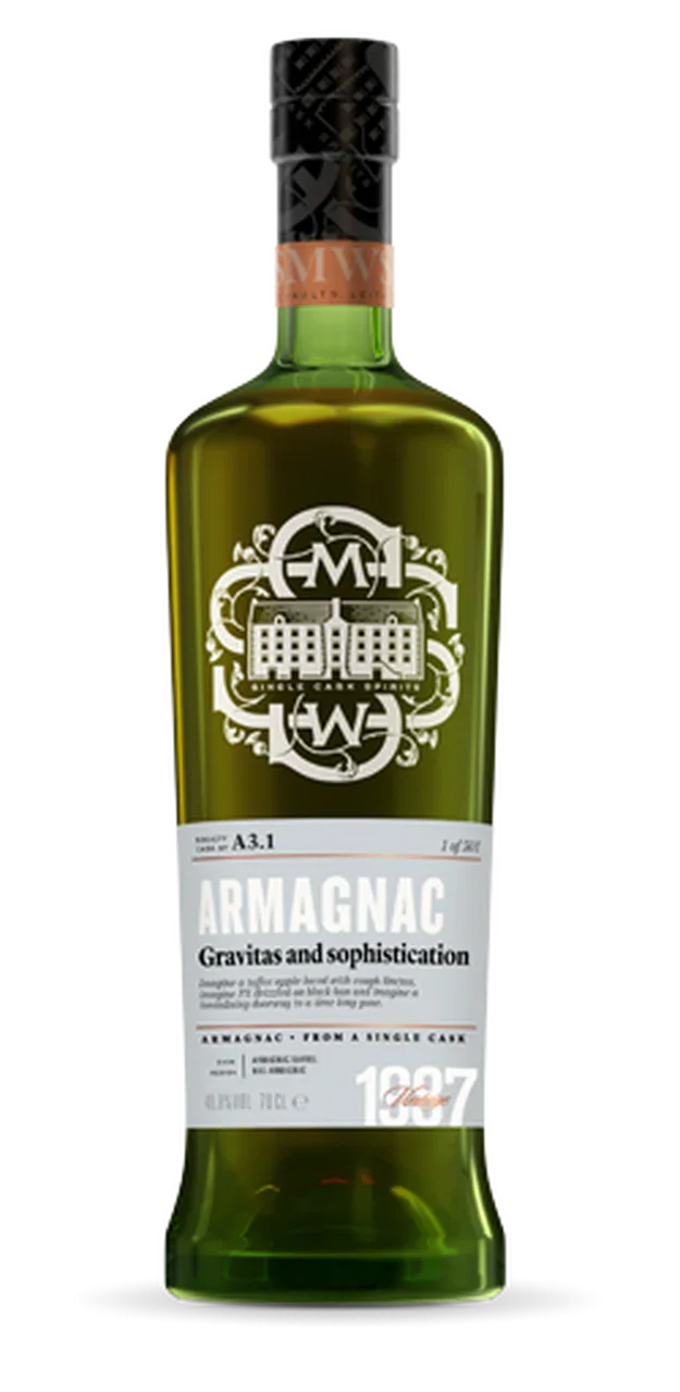 Green bottle of Armagnac Gravitas and Sophistication 1987 with decorative label