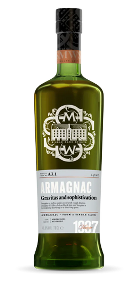 Green bottle of Armagnac Gravitas and Sophistication 1987 with decorative label