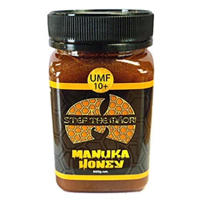 Jar of Step The Maori Manuka Honey UMF 10+ with black and gold label, 500g