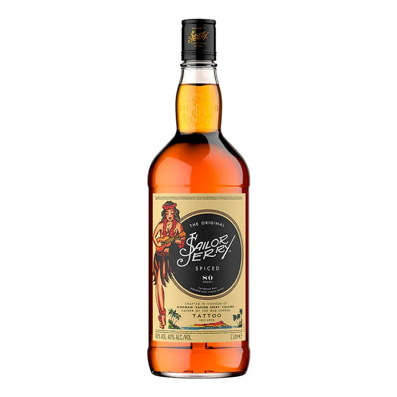 Sailor Jerry Spiced Rum 1L bottle with vintage label and tattoo art design.