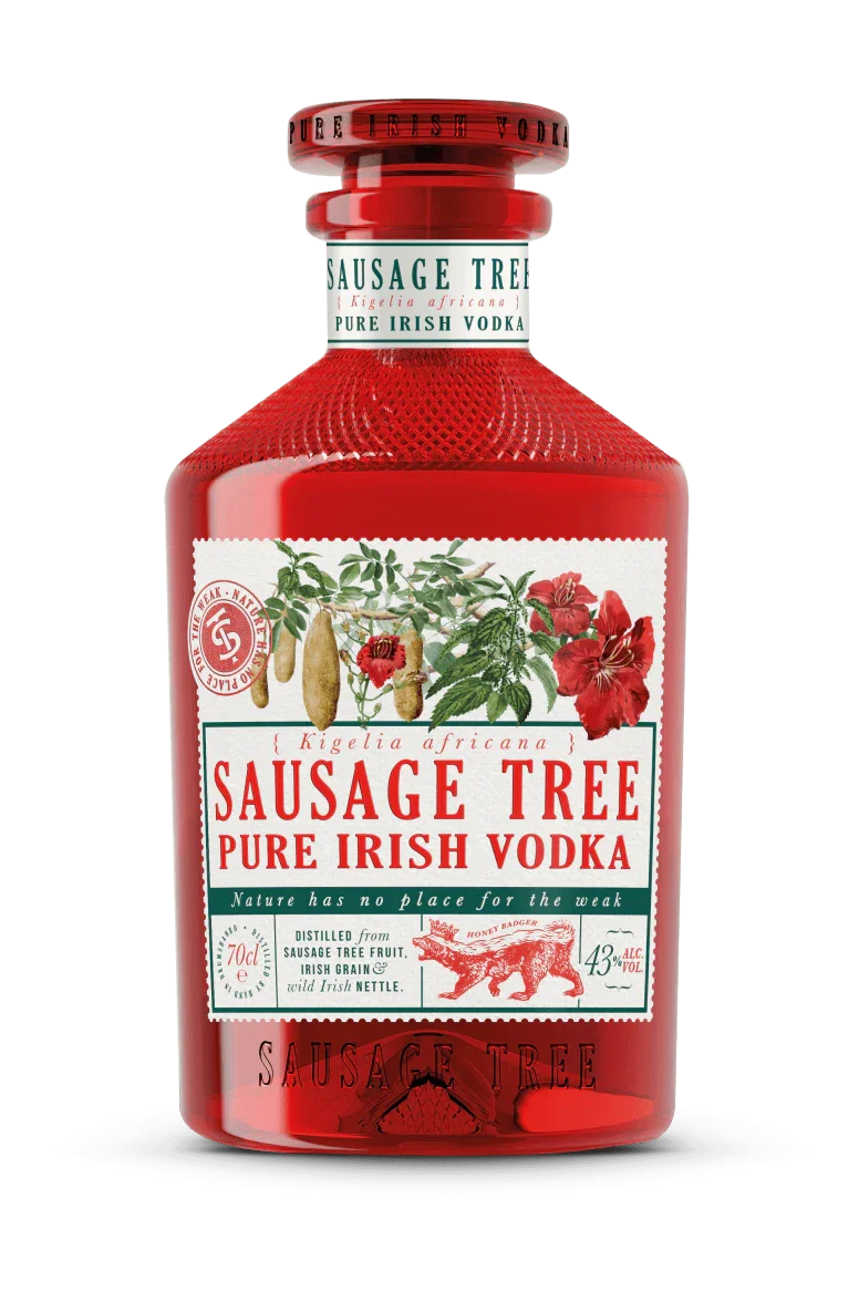 Red Sausage Tree Pure Irish Vodka bottle with botanical label and embossed glass details.