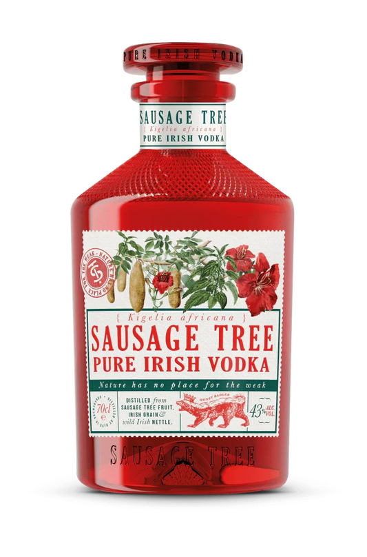 Red Sausage Tree Pure Irish Vodka bottle with botanical label and embossed glass details.