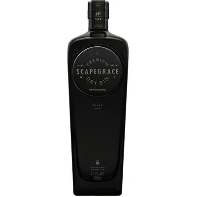 Scapegrace Black Dry Gin bottle, premium New Zealand gin with black label, 700ml