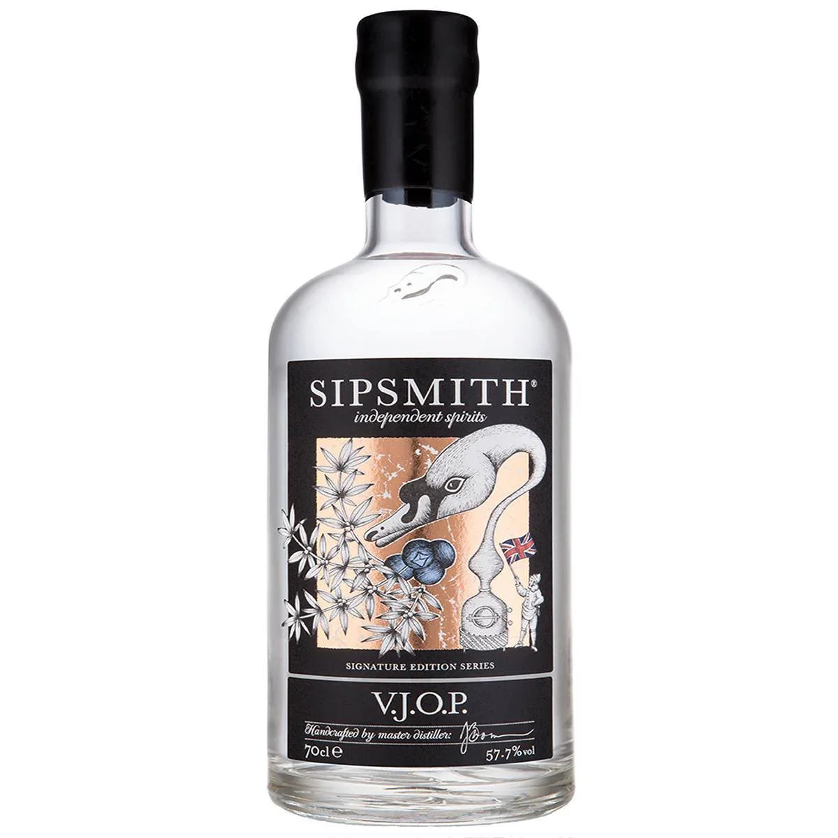 Sipsmith V.J.O.P. London gin bottle with botanical-themed label and swan illustration