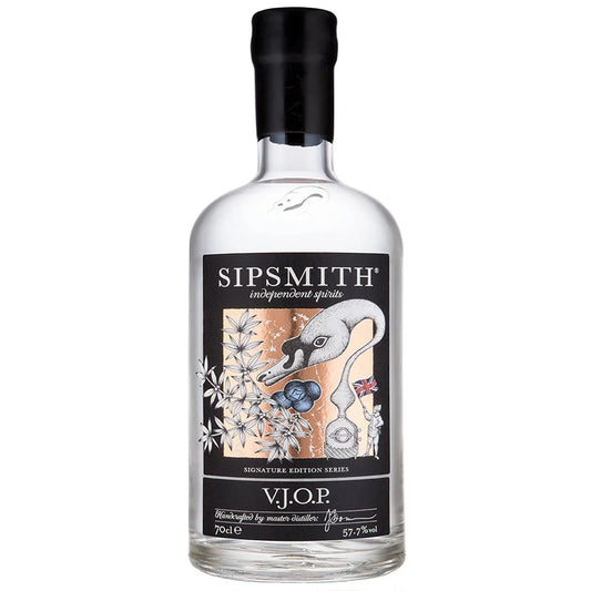 Sipsmith V.J.O.P. London gin bottle with botanical-themed label and swan illustration