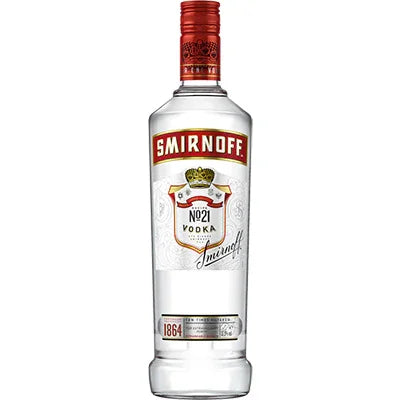 Smirnoff No.21 vodka 1L clear glass bottle with red and gold label on white background