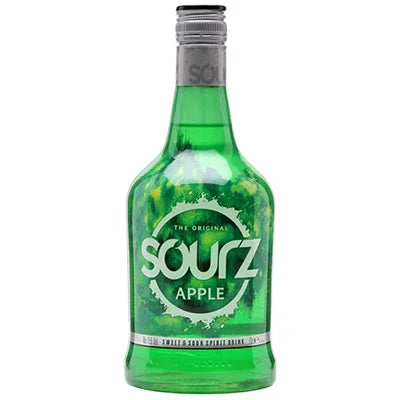 Sourz Apple liqueur green bottle with silver cap, front label visible