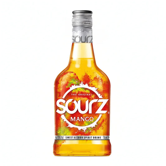 Sourz Mango liqueur bottle with vibrant orange label and silver cap on white background