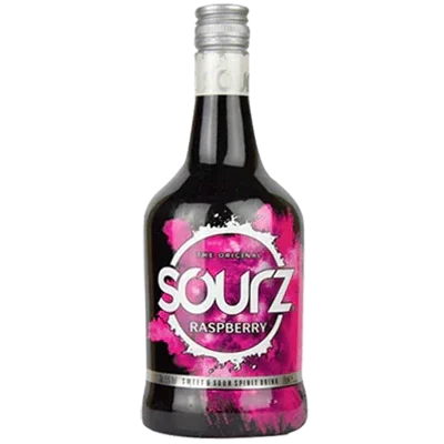 Sourz Raspberry liqueur bottle with pink label and dark liquid, ready to serve.