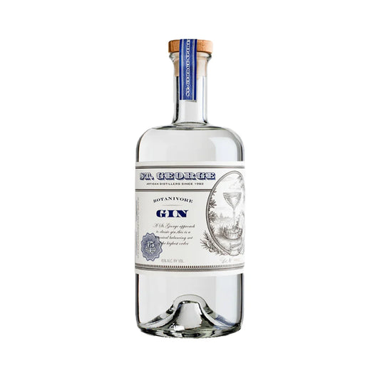 Clear glass bottle of Botanivore gin with blue and white label, wooden cap, isolated on white.