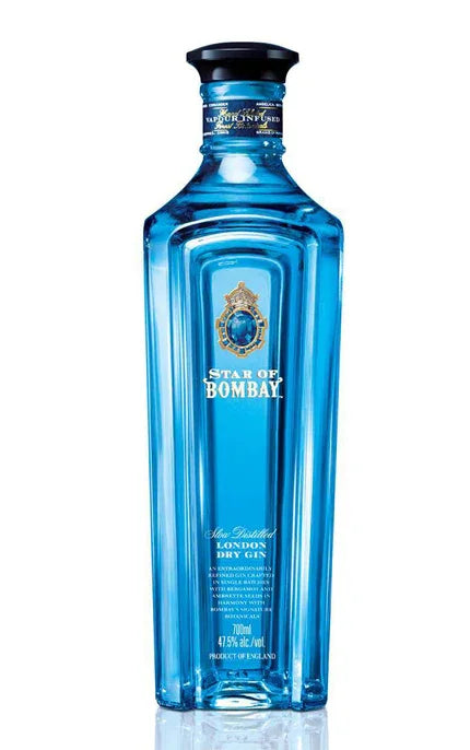 Star of Bombay London Dry Gin in a tall blue bottle, 700ml, against a white background