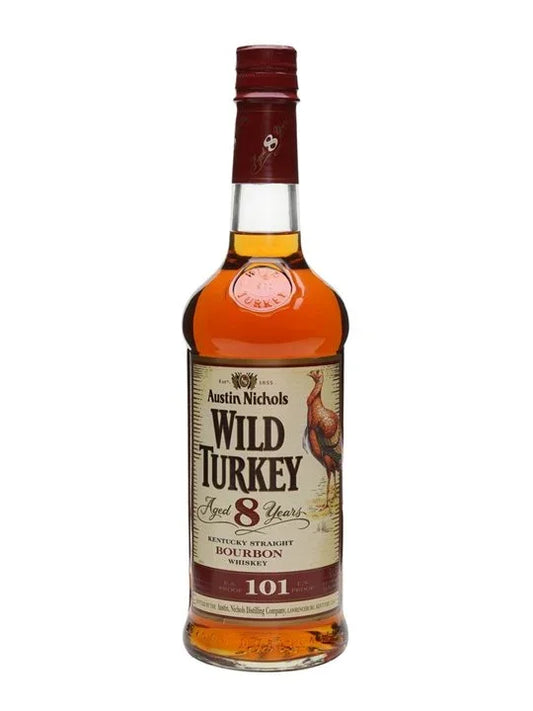 Wild Turkey 101 8 Year Kentucky straight bourbon whiskey bottle with label and amber liquid