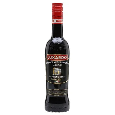 Luxardo Sambuca Passione Nera black liqueur bottle with red cap, spirits product