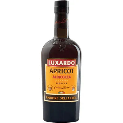 Luxardo Apricot Albicocca Liqueur bottle with yellow label on a white background