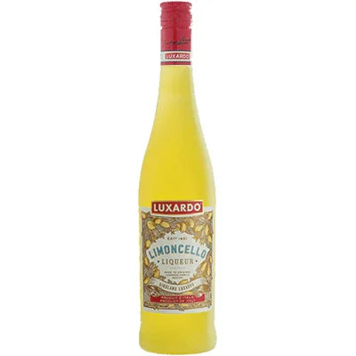 Yellow Luxardo Limoncello liqueur bottle with decorative label and red cap