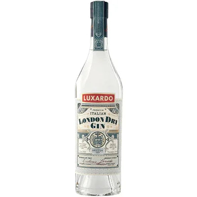 Luxardo London Dry Gin bottle with detailed label and red branding on clear glass