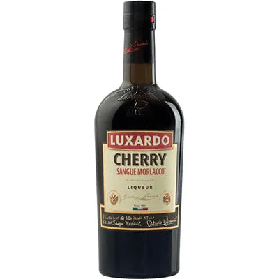 Bottle of Luxardo Sangue Morlacco cherry liqueur with cream label and red accents