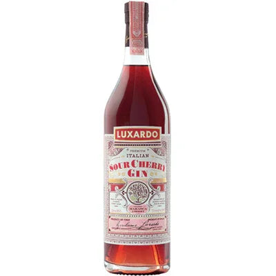 Luxardo Sour Cherry Gin bottle with red liquid and detailed label, spirits product image