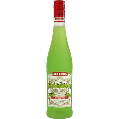 Luxardo Sour Apple liqueur in a green glass bottle with red cap, product label visible